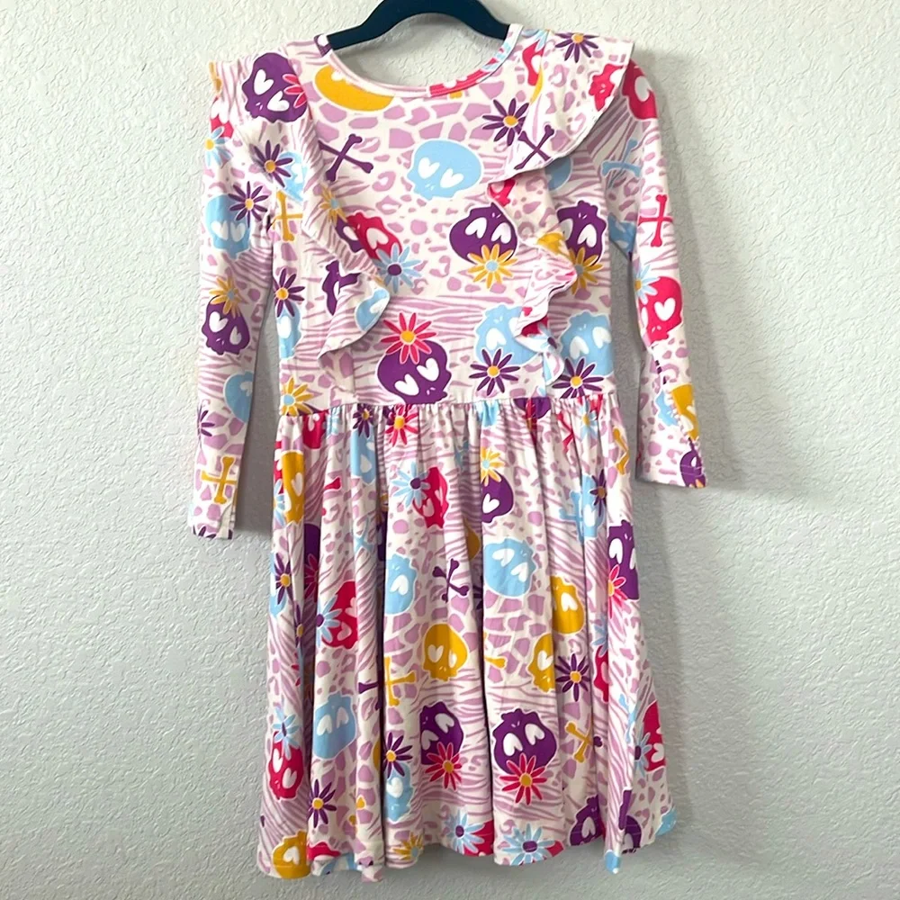 Dot Dot Smile Haunted Halloween Skull dress Girls 5/6 long sleeve and colorful
